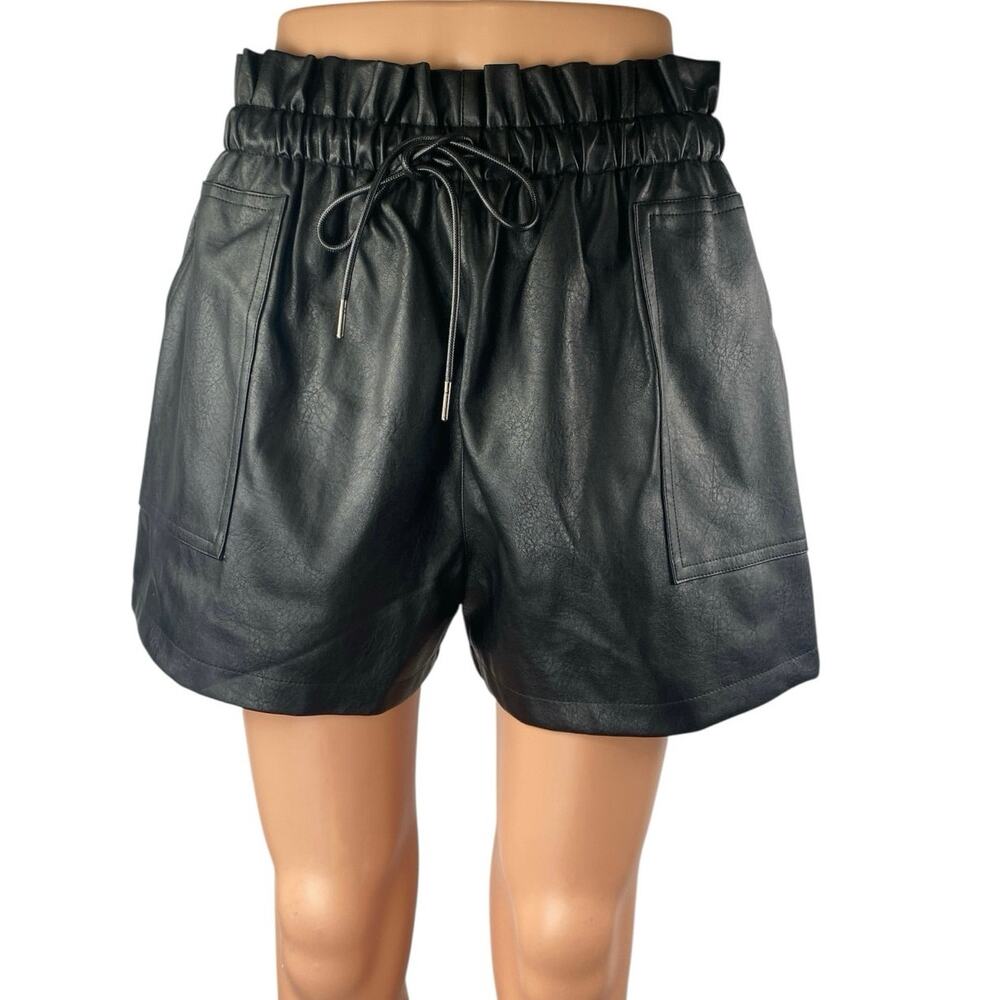 NEW Qianxizhan Black Faux Leather Vegan High Rise Paperbag Mini Shorts Size XL